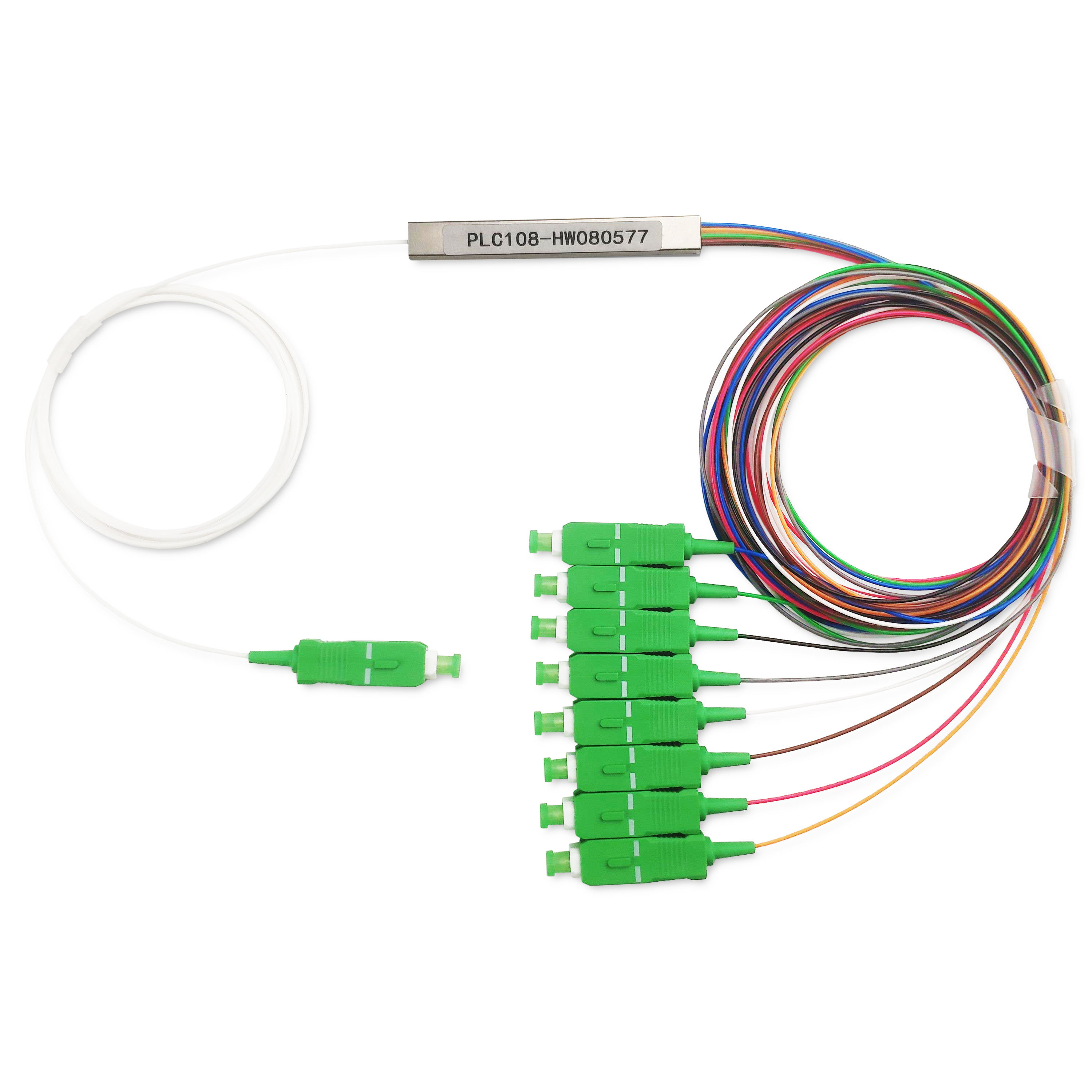 Actual 1x8 PLC optical splitter with eight SC/APC pigtails photographed for an Alibaba.com product listing; supplier and exact SKU are not claimed